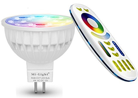 LIGHTEU®, 1x 4W 12V GU5.3 MR16 RGB + CCT Faretto a LED Faretto colore e temperatura CCT WW CW Regolabile, originale Mi-light, lampadina con telecomando a 4 zone (FUT104 + FUT092)