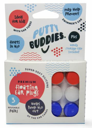 Putty Buddies Schwimmende Ohrstöpsel zum Schwimmen und Baden (von einem Arzt und einem Wasserblock erfunden) (3 Paare) Einheitsgröße Blau, Weiß und Rot