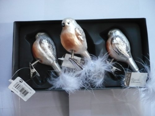 Kaemingk Weihnachtsbaumschmuck, 3 Vögel zum Klemmen, Hängender Schmuck aus Glas, Klassisch, Silber, 8 cm