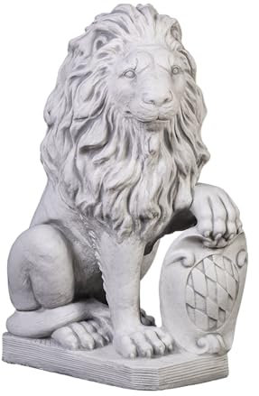 gartendekoparadies.de Statue Löwe mit Schild Links, Steinfigur, H. 54 cm, 40 kg, Grau, frostsicher aus Steinguss für Außenbereich