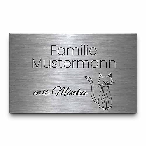 Edelstahl Schild personalisiert mit Gravur | Haustürschild mit Namen - Türschild Willkommen | Namensschild für Haustür Briefkasten o. Klingelschild selbstklebend o. mit Bohrung - versch. Größen
