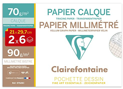 Clairefontaine 97528C Mappe (6 Bögen Millimeterpapier und 6 Bögen Transparentpapier, ideal für technische Zeichnen, 12 Bögen, DIN a4, 21 x 29,7 cm, 70 g)