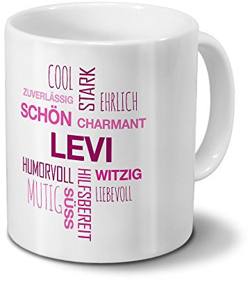 printplanet Tasse mit Namen Levi Positive Eigenschaften Tagcloud - Pink - Namenstasse, Kaffeebecher, Mug, Becher, Kaffeetasse