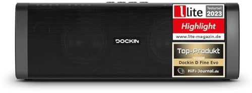 DOCKIN D Fine Enceinte Bluetooth HiFi 50W - Mini Sono Portable, Son Stéréo, Basses Puissantes et Alimentation Intégrée - Étanche, Coque Anti-Poussière IP55 pour Usage Extérieur - Autonomie 10h