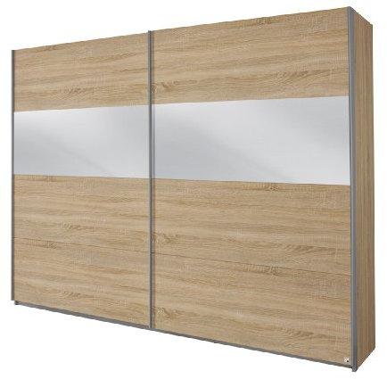 Rauch Möbel Quadra Kleiderschrank, Schwebetürenschrank, 2-türig, mit Spiegel, inkl. Zubehörpaket Basic 3 Einlegeböden 3 Kleiderstangen, Farbe Eiche Sonoma, BxHxT 270x210x62cm