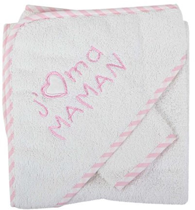 Sortie de bain, cape avec gant de toilettej'aime maman (Blanc rose)