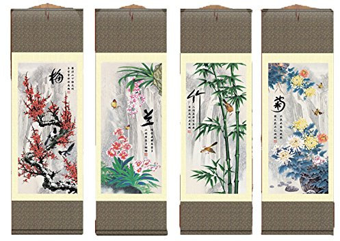 Grace Art Asiatisches Wandbild, 4 Stück, Pflaumenblüte, Orchidee, Bambus und Chrysantheme