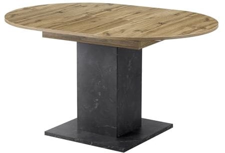 B&D home Esstisch WIM, 100-140x100cm | ausziehbarer Esszimmertisch Küchentisch Holztisch für Küche, Esszimmer | modern Design | Natureiche mit schwarzer Marmor Säule, 11220-EIDA-MSCH