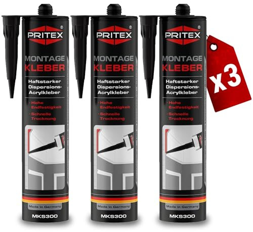 PRITEX – Profi Montagekleber Weiß 3x 300 ml – Baukleber für Holz-Paneele, Kabelkanäle, Sockelleisten, Styropor, Fliesen, Beton uvm. – haftstarker Universalkleber auf Acrylatdispersion-Basis für innen