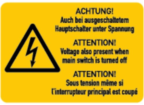 LEMAX® Aufkleber Warnschild, Hauptschalter unter Spannung (3-sprachig) Folie selbstklebend 52x37mm
