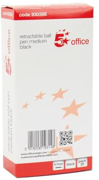5 Star Ball Pen Retractable Medium 1.0mm Tip 0.7mm Line Black [Pack of 20]