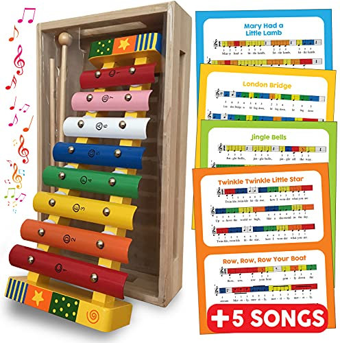bee SMART Holz-Xylophon für Kinder –Glockenspiel Musikinstrumente für Kleinkinder mit Liederblättern (englisch), Holzkiste & 2 Schlägeln | Musikaktivitäten | Jungen & Mädchen Holz Geschenk Spielzeug