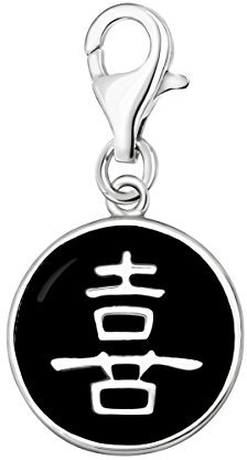 Quiges Charm Pendentif Perle avec Fermoir Femme Argent 925 Monnaie Chinoise avec Symbole Bonheur en Émail Noir