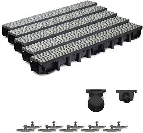 5m Entwässerungsrinne für modulares System A15 98mm, komplett Stegrost Kunststoff, Grau Line