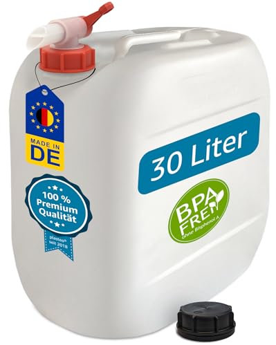 plasteo® 30 Liter Getränke- Wasserkanister Natur mit Schraubdeckel und Ausgießhahn (DIN 61) | Lebensmittelecht | Tragbar und Robust | Indoor und Outdoor | BPA Frei | Made in DE