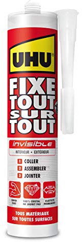 UHU Fixe tout sur tout invisible- Colle de fixation transparente pour coller, assembler et jointer, technologie SMP polymer, sans solvants, transparente, cartouche 300 g