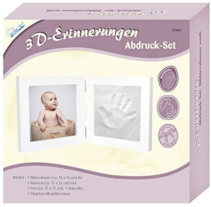 MAMMUT 129027 - 3D Erinnerungen Abdruck-Set Bilderrahmen weiß, Komplettset mit Holzrahmen (MDF), 1 Päckchen Modelliermasse und 1 Holzroller, Kreativset für junge Eltern
