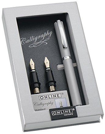 ONLINE 36645 Kalligrafie-Set Vision Silver, Füller mit 3 Kalligraphie-Federn Breite 0.8, 1.4,,1.8 mm, inklusive inklusive Calligraphy-Tintenpatronen, in edler Geschenk-Box, Schönschreib-Füller Silber