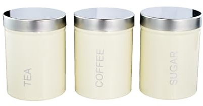 Buckingham 3-Piece Kitchen Storage Canisters Jar Ideal for Tea Coffee and Sugar with Stainless Steel Lid, Cream, 10 cm