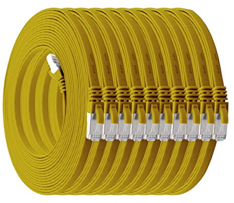 0,5m - gelb - 10 Stück Cat7 Flachkabel Netzwerkkabel Cat 7 Rohkabel Gigabit Lan (10Gbit/s) Flachbandkabel Verlegekabel Patchkabel Flach Slim Rj 45 Stecker Cat6a