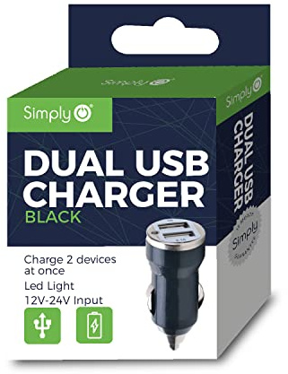 Simply ICDC01 Dual USB 1amp & 2.1amp Car Charger with LED Light Indicators for Apple Android and Other USB Devices, Black