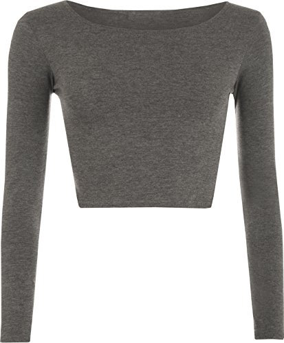 Womens Crop Long Sleeve T Shirt Ladies Short Plain Round Neck Top - Dark Grey - 12/14