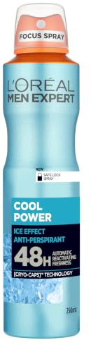 L'Oréal Paris Men Expert Mens Deodorant Spray, Cool Power Ice Effect, 250ml | 48H Anti-Perspirant, Ice-Effect Sensation, Woody-Mint Fragrance, Anti-Wetness Micro-Captors, Single