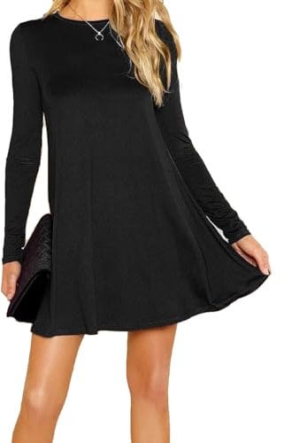 Womens Ladies Long Sleeve Midi Plain Flared A line Skater Swing Dress Jersey Tee, 18, Black