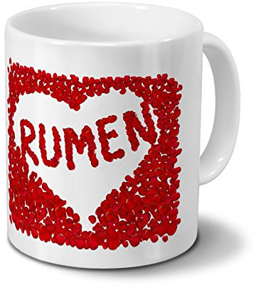 printplanet Tasse mit Namen Rumen - Motiv Rosenherz - Namenstasse, Kaffeebecher, Mug, Becher, Kaffeetasse - Farbe Weiß