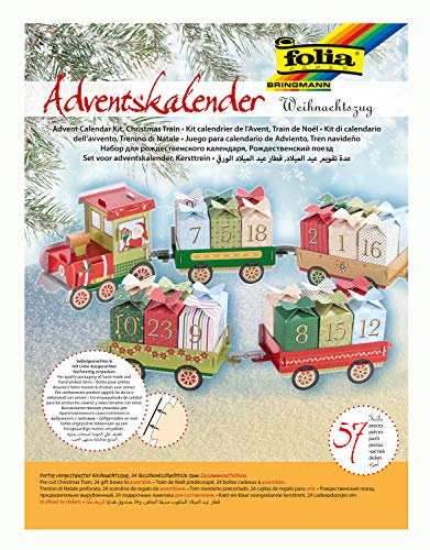 folia 9394 - Adventskalender Weihnachtszug, 60 teiliges Bastelset mit vorgestanzter Eisenbahn und 24 Geschenkpäckchen zum Zusammenstecken, ideal für kleine Geschenke im Advent