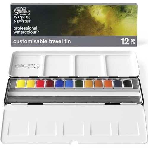 Winsor & Newton Boite de 12 demi godets (peut en contenir 24) Aquarelle Professional Watercolour Boîte métal de voyage personnalisable