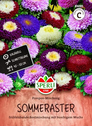 Sperli Sommerasternsamen Pompon-Mischung 85095, Blumensaat | Blumensamen mit halbkugeligen Pompon-Blüten, buschige Pflanzen für Beete & Einfassungen, für Blumenwiese & Balkon, einjährig