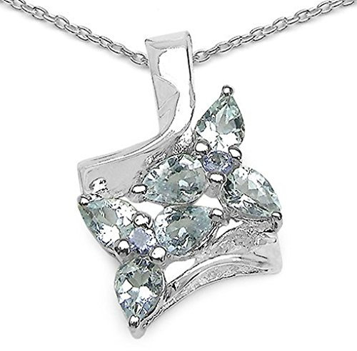Schmuck-Schmidt-Collier/Kette mit Aquamarin-Anhänger-Blumen-925 Silber/Rhodiniert