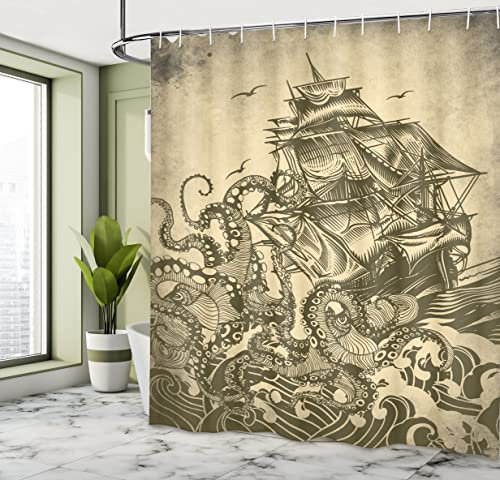 Better Curtains Ocean Shower Curtain Sail Boat Waves and Octopus Kraken Tentacles Country Decorations for Bathroom Sepia Print Polyester Fabric Shower Curtain, Yellow Olive
