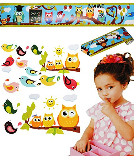 alles-meine.de GmbH 31 Stück: XL Wandsticker + Bordüre - Eulen & Vögel - incl. Name - selbstklebend + wiederverwendbar - Aufkleber für Kinderzimmer - Wandtattoo/Sticker Eul..