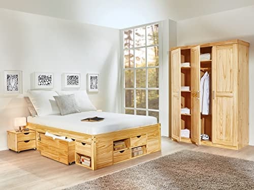 Inter Link - Funktionsbett - Bett mit Schubladen - Doppelbett 180 x 200 cm - 2 Große und 4 kleine Schubladen - Nachtkommode - Kiefer massivholz - Inkl Lattenrost - Natur lackiert - Claas
