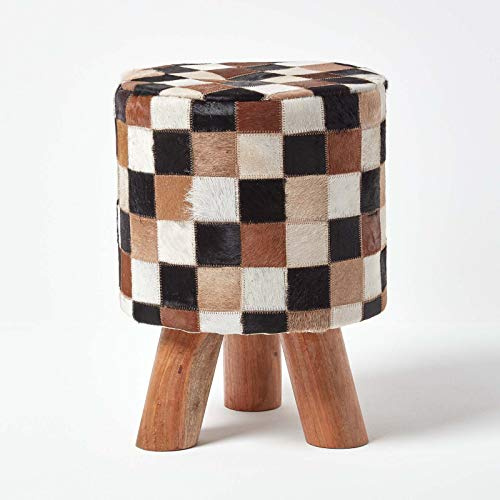HOMESCAPES Tall Round Decorative Footstool in Brown, Cream and Tan Check Leather Foam Filled with Wooden Legs