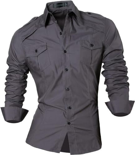 jeansian Men's Fashion Shirts Long Sleeves Dress Slim Fit Casual Formal Tops Office Button Down Pocket 8001 Gray XL