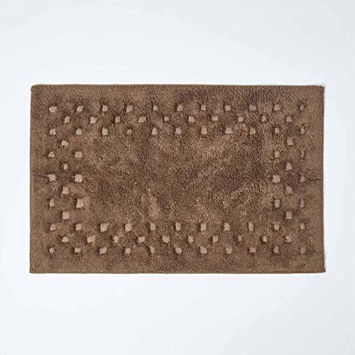 HOMESCAPES Check Border Bathmat Rug, Chocolate, Soft 100% Cotton 1200 GSM, Washable At Home, Non Slip Spray Backing.