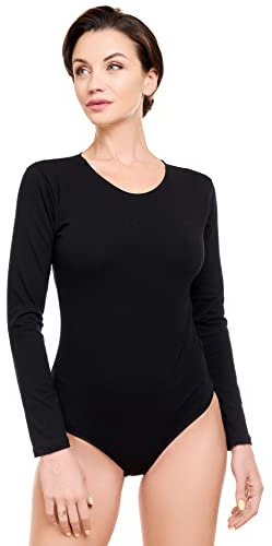 Evoni Damenbody | Overall Bodysuit mit Rundhals für Frauen | Langarm-Body in verschiedenen Farben | Optimale Alternative für Sport & Freizeit | Eleganter Jumpsuit(Large, Schwarz)