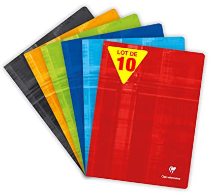 Clairefontaine 3311C Lot de 10 Cahiers Agrafés - 24x32 cm - 48 Pages Grands Carreaux - Papier Blanc 90 g - Couverture Carte Pelliculée Couleurs Aléatoires