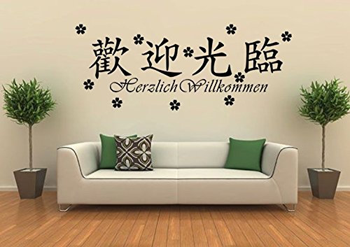 Wandtattoo wandaufkleber Aufkleber Wandsticker wall sticker Wohnzimmer Schlafzimmer Kinderzimmer 30 Farben zur Wahl Wandtext Wandwort Wandspruch spruch Zitat Willkommen mit Chinesische Zeichen wzt19(071 grau, Größe1:ca.60x17cm )