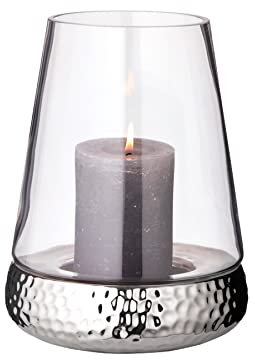 EDZARD Windlicht Kerzenglas Bora, 2-teilig, Fuß gehämmert, Keramik vernickelt und Glas, Höhe 28 cm, Durchmesser 18 cm