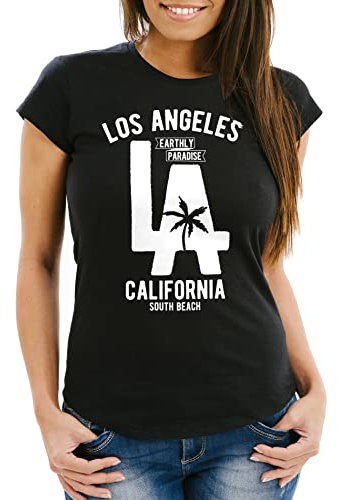 Neverless Damen T-Shirt Los Angeles California LA Palme Slim Fit schwarz XL