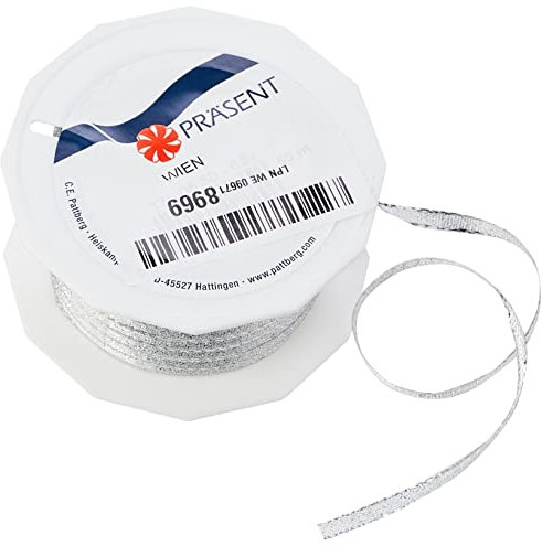 Präsent C.E. Pattberg Wien Geschenkband Silber, 50 m Geschenkband zum Einpacken, 5 mm Breite, Zubehör zum Dekorieren & Basteln, Dekoband für Geschenke