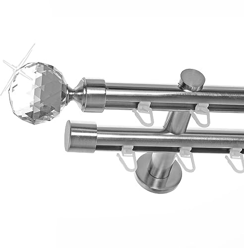 BASIT Gardinenstange Innenlauf Edelstahllook 20mm 2-läufig Wand 320cm H40 | Gardinenstangenset doppelläufig Wandmontage Metall Vorhangstange Wandhalterung 120-600cm wählbar Kappe Kugel Kristall E87