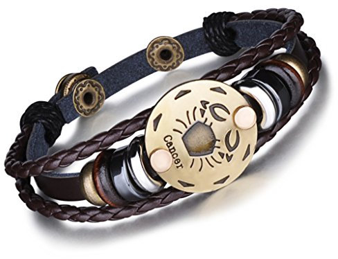 Unendlich U Punk Modisch 12 Sternbilder Sternzeichen Herren Damen Charm Armband Geflochten Leder Legierung Multilayer Braun Armreifen, Krebs(Cancer)