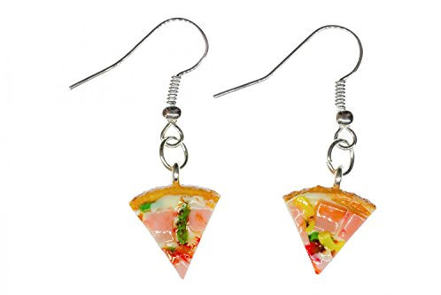 Miniblings Pizza Ohrringe Hänger Pizzastück Schinken Essen detailliert bunt - Handmade Modeschmuck I Ohrhänger Ohrschmuck versilbert