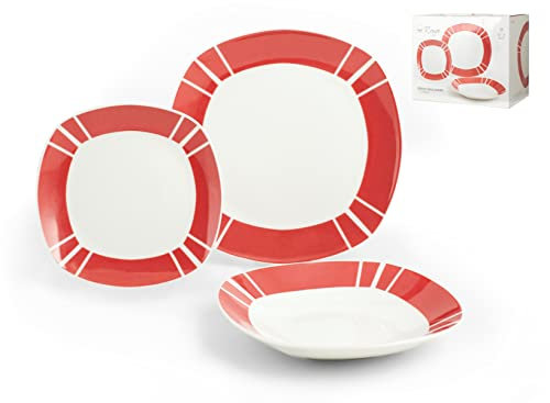 H&H Quadro Rouge Servizio Piatti Tavola, Porcellana, Bianco, 18 Pezzi, unità