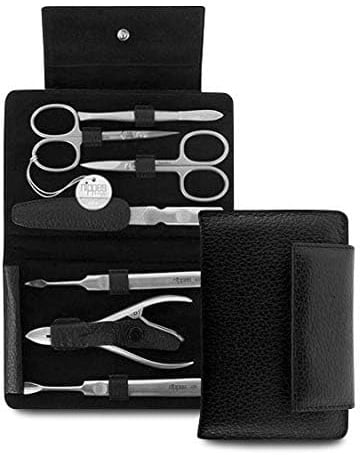nippes Solingen Premium Line Maniküre Set Leone, 7-teilig, Edelstahl rost- und nickelfrei, Rindleder-Etui mit Druckknopf, Schwarz, Nagelpflege Set, Pediküre Maniküre, Made in Germany